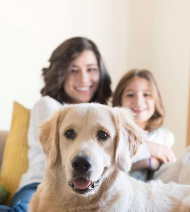 Smiling mother and daughter with dog on couch